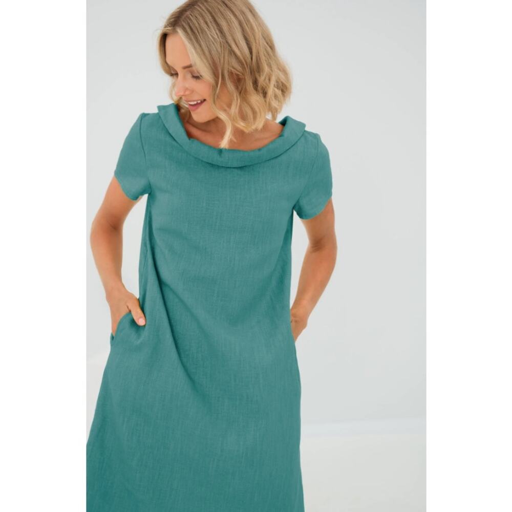 Le Muse Linen Dress Teal Green Relaxed A-Line Folded Collar Back Bow Mini Size M
